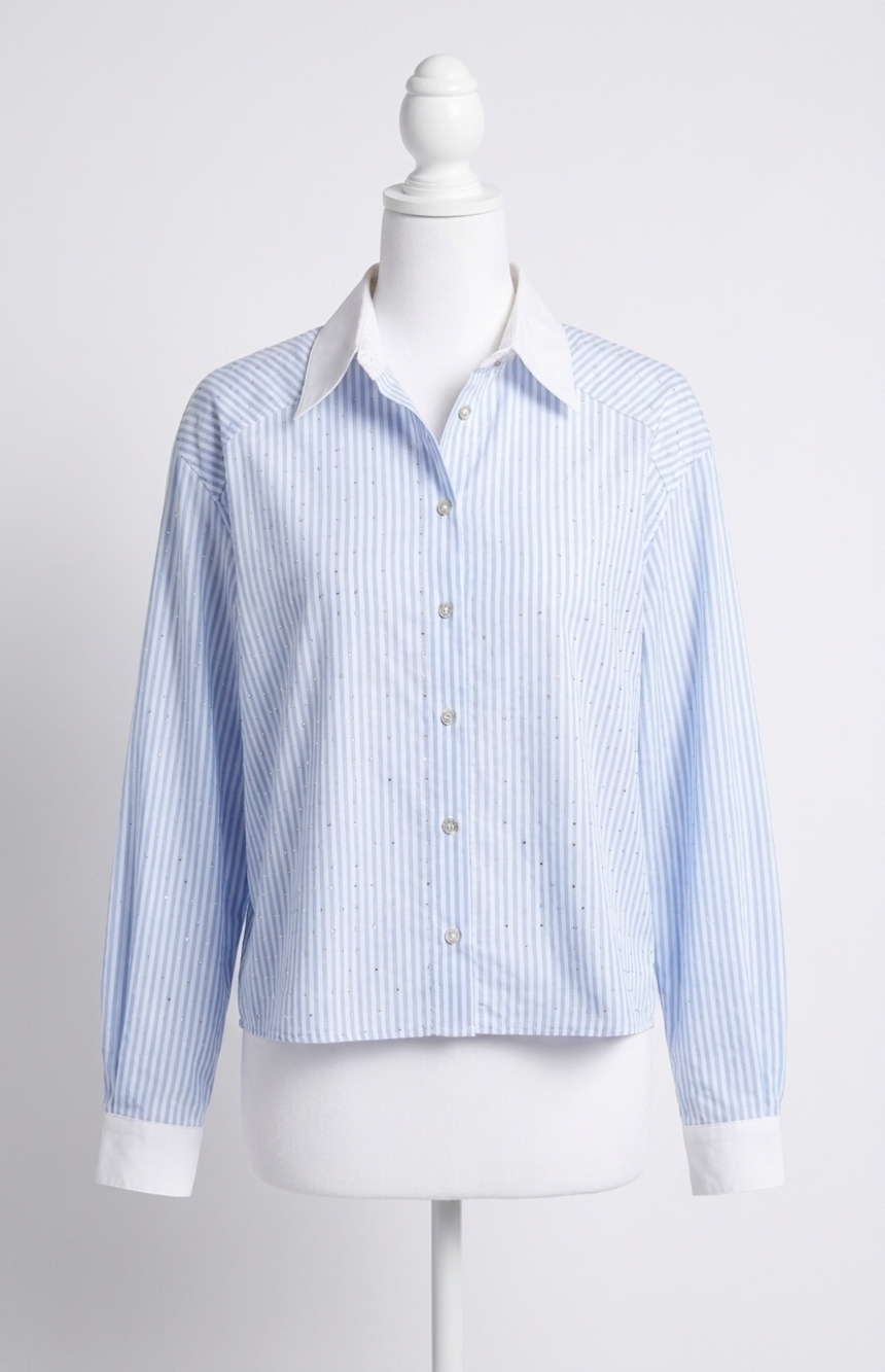 NEW ESQUALO berritt rhinestones striped blouse in blue